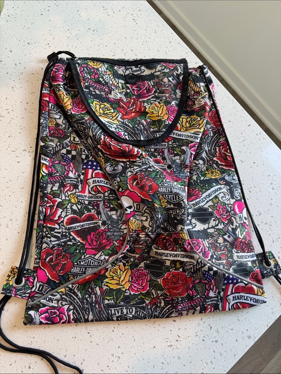 Harley-Davidson Handbags - Harley-Davidson Black Floral Drawstring Backpack, New!